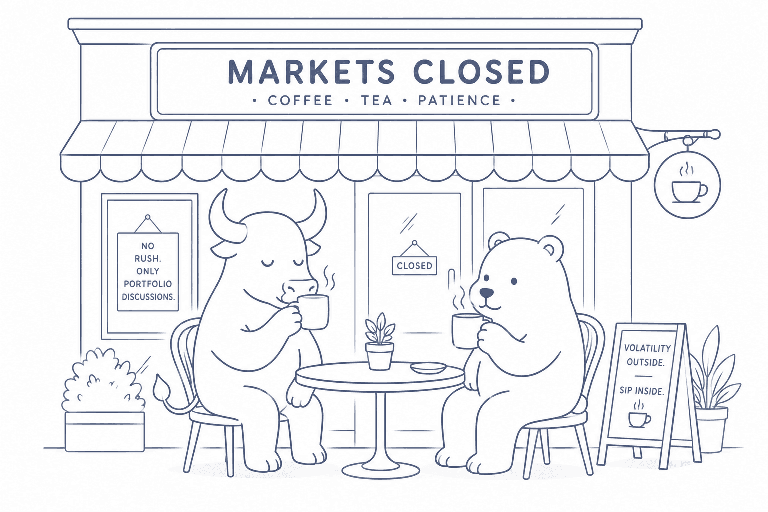 Bull and bear illustration for a closed market